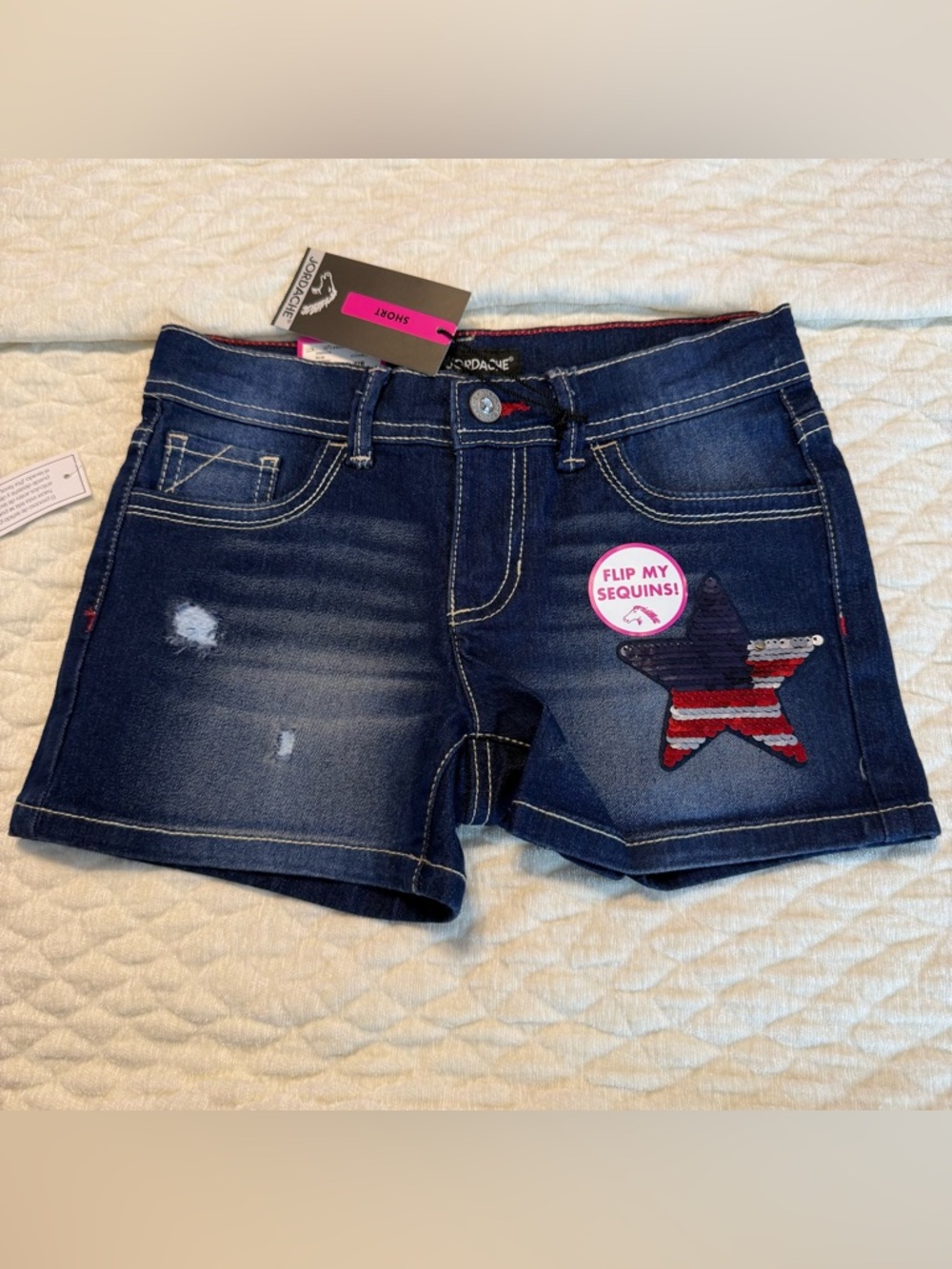 NEW Jordache Flip Sequins Denim Jean Shorts Girls Size 8 Adj Waist Patriotic